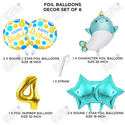 Cute Whale Foil Balloon Pack Of 6 Set With 32 Inch Foil Number Balloons