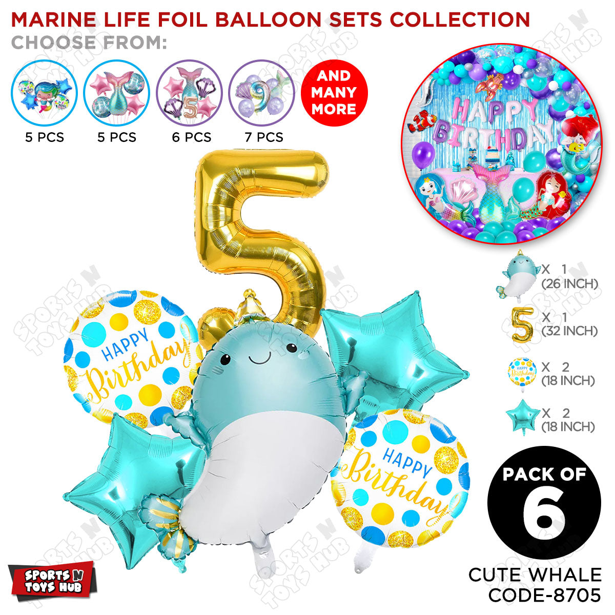 Cute Whale Foil Balloon Pack Of 6 Set With 32 Inch Foil Number Balloons