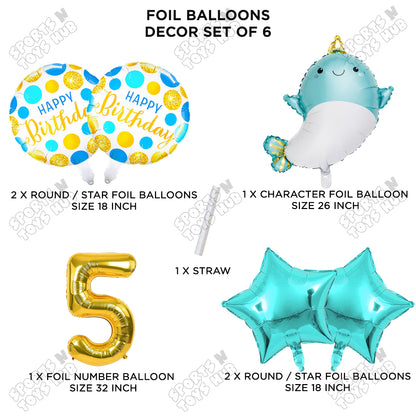 Cute Whale Foil Balloon Pack Of 6 Set With 32 Inch Foil Number Balloons