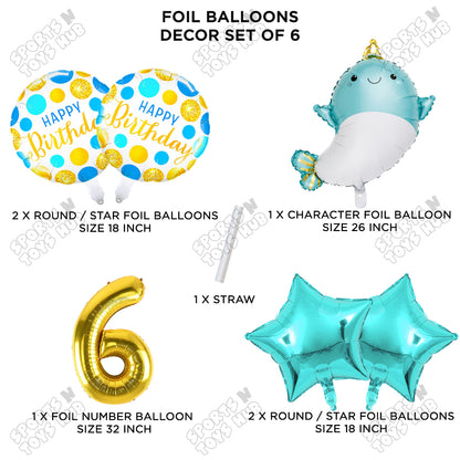 Cute Whale Foil Balloon Pack Of 6 Set With 32 Inch Foil Number Balloons