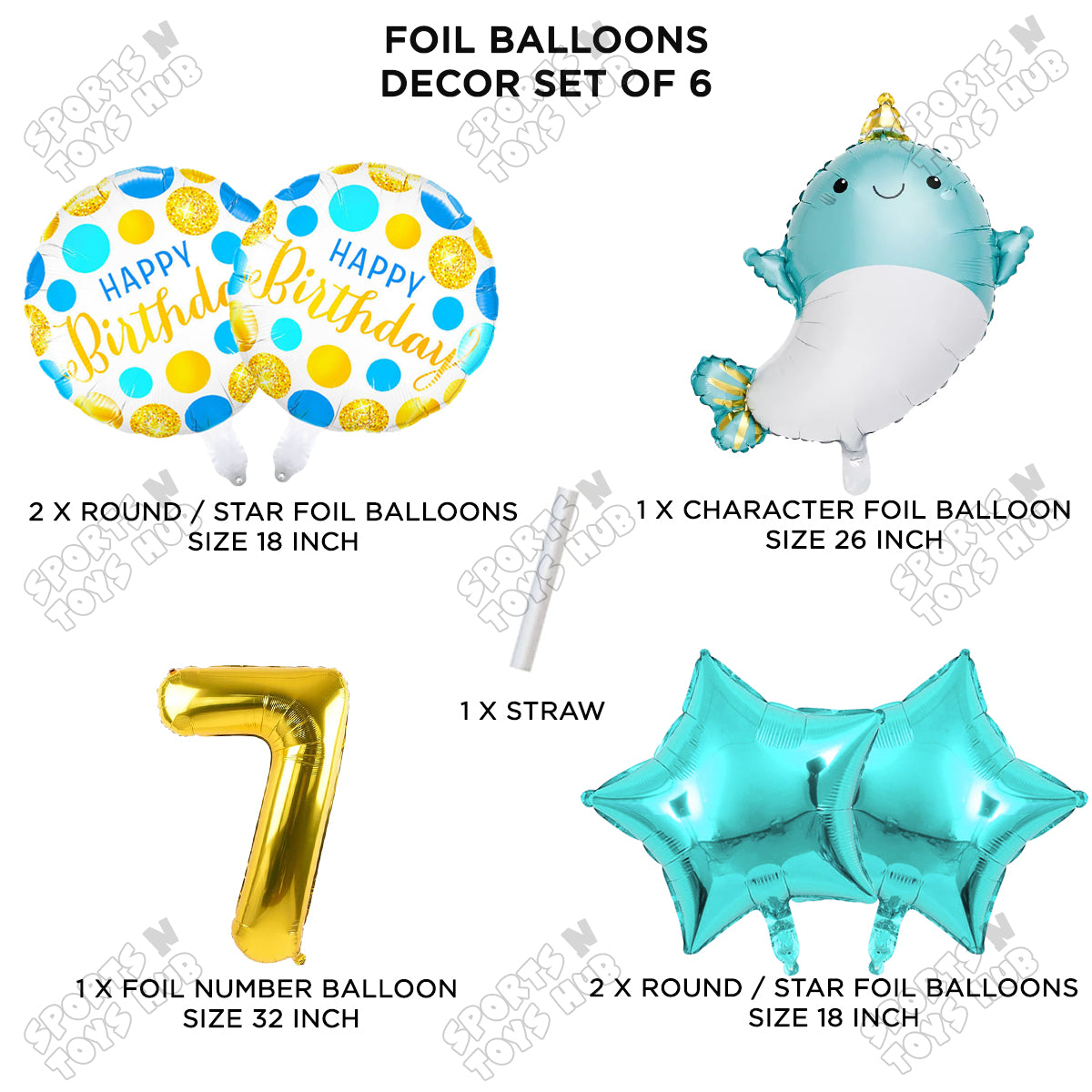 Cute Whale Foil Balloon Pack Of 6 Set With 32 Inch Foil Number Balloons