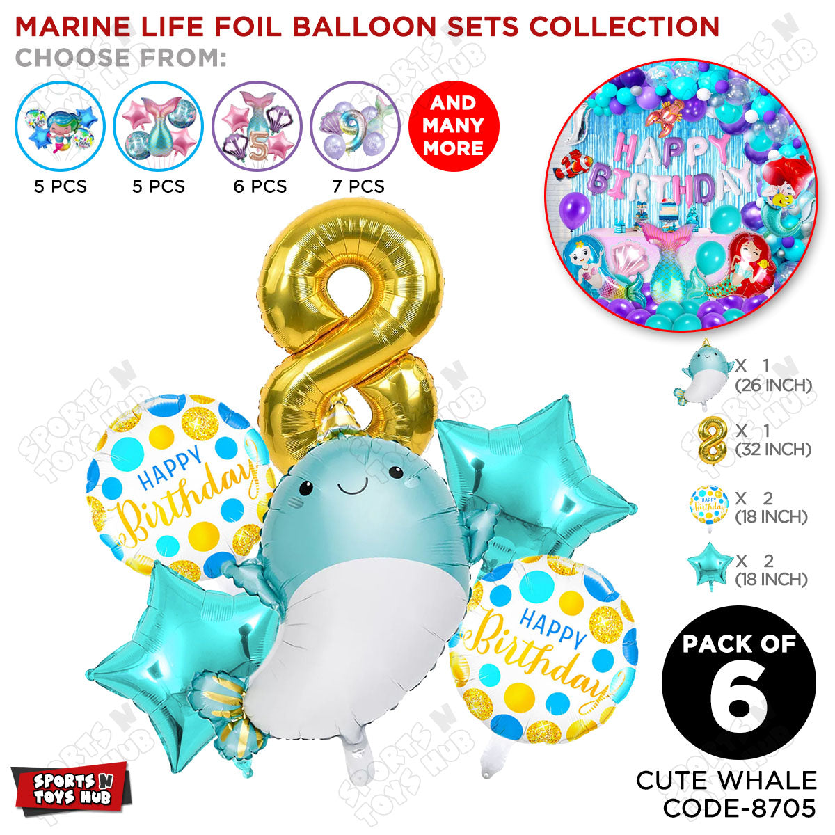 Cute Whale Foil Balloon Pack Of 6 Set With 32 Inch Foil Number Balloons