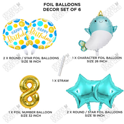 Cute Whale Foil Balloon Pack Of 6 Set With 32 Inch Foil Number Balloons