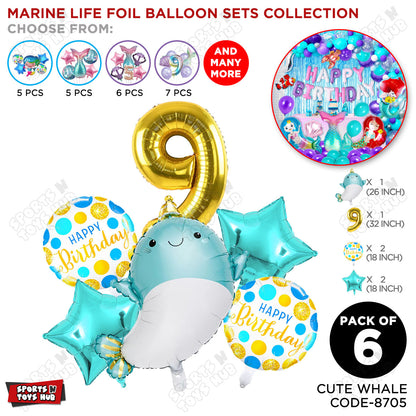 Cute Whale Foil Balloon Pack Of 6 Set With 32 Inch Foil Number Balloons