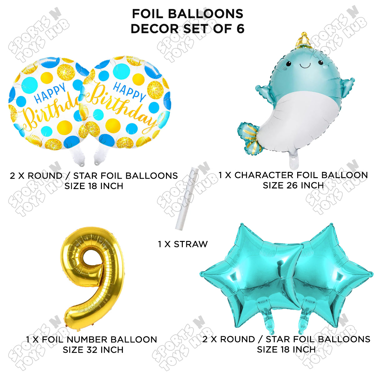 Cute Whale Foil Balloon Pack Of 6 Set With 32 Inch Foil Number Balloons