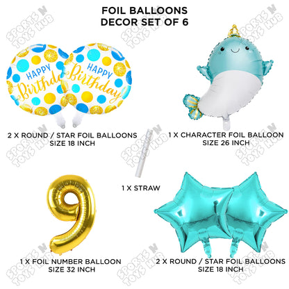 Cute Whale Foil Balloon Pack Of 6 Set With 32 Inch Foil Number Balloons
