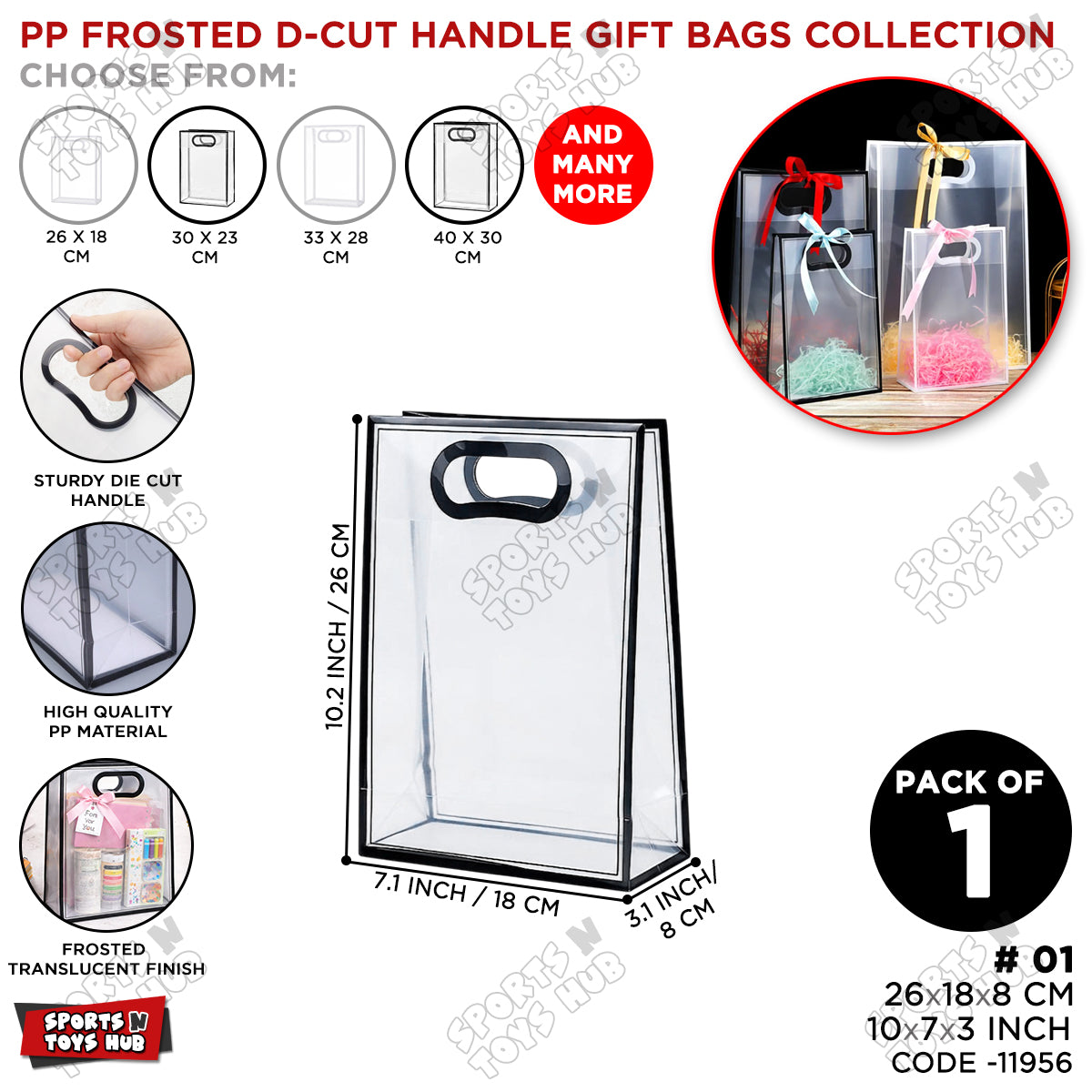 26 × 18 × 8 CM / 01 PP Frosted D-Cut Handle Gift Bags – Clear Translucent Shopping & Packaging Bags for Gifts, Retail, Boutique, Party Favors, Flower Bouquets & Gift Wrapping
