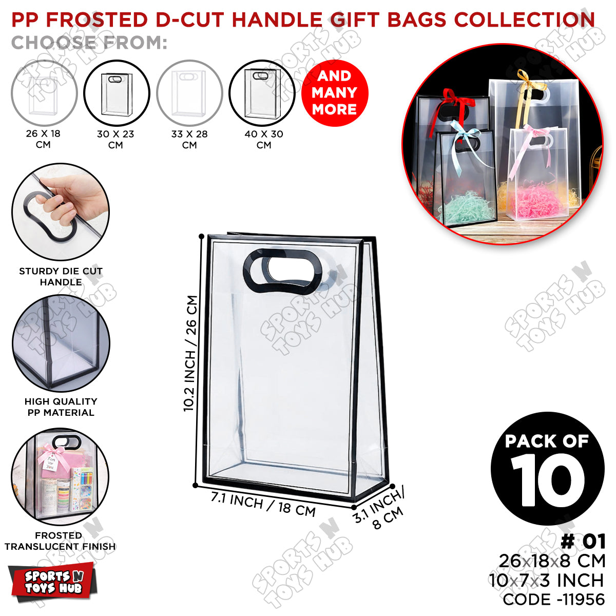 26 × 18 × 8 CM / 01 PP Frosted D-Cut Handle Gift Bags – Clear Translucent Shopping & Packaging Bags for Gifts, Retail, Boutique, Party Favors, Flower Bouquets & Gift Wrapping