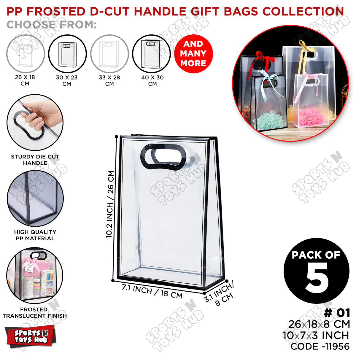 26 × 18 × 8 CM / 01 PP Frosted D-Cut Handle Gift Bags – Clear Translucent Shopping & Packaging Bags for Gifts, Retail, Boutique, Party Favors, Flower Bouquets & Gift Wrapping