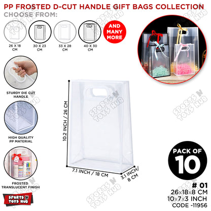 26 × 18 × 8 CM / 01 PP Frosted D-Cut Handle Gift Bags – Clear Translucent Shopping & Packaging Bags for Gifts, Retail, Boutique, Party Favors, Flower Bouquets & Gift Wrapping