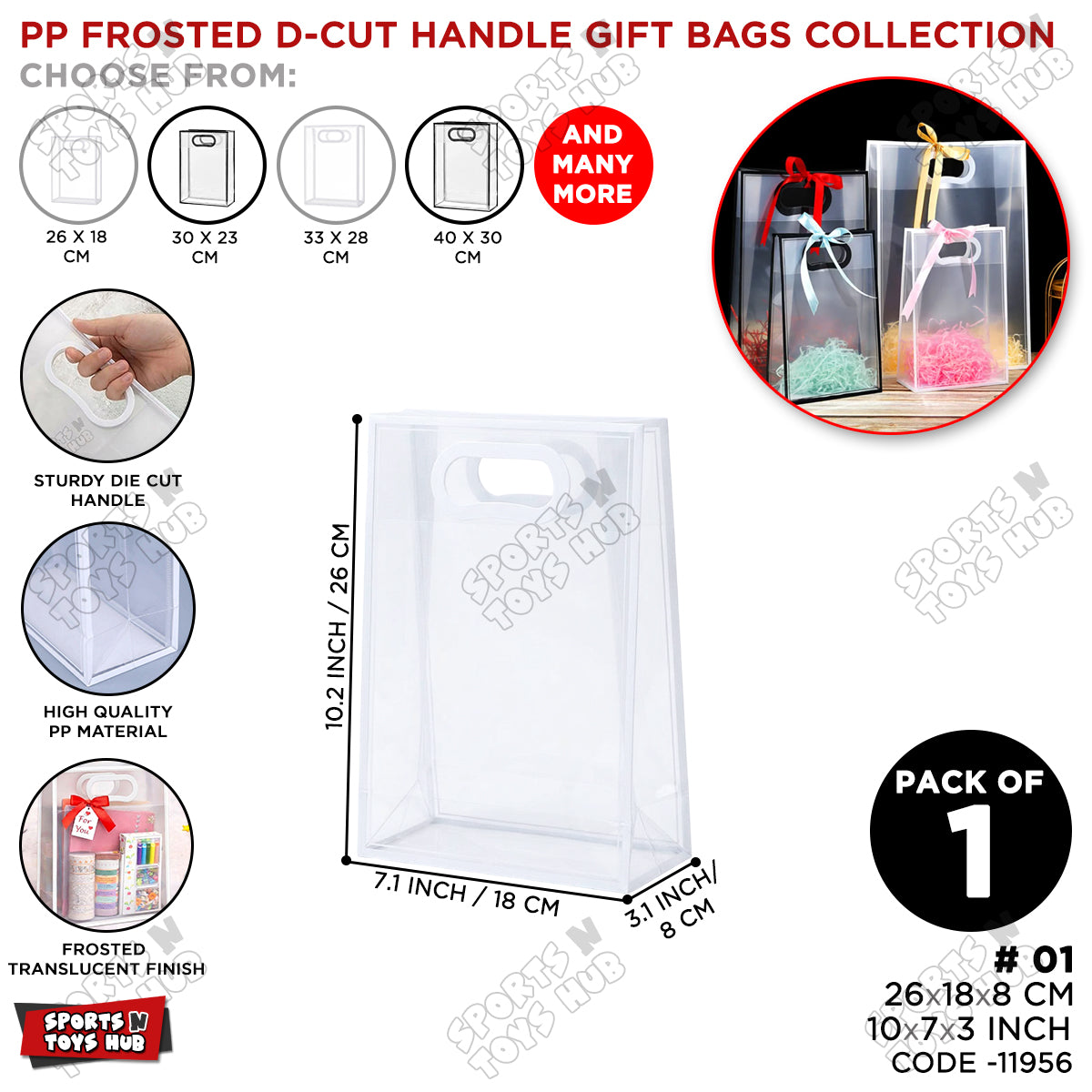 26 × 18 × 8 CM / 01 PP Frosted D-Cut Handle Gift Bags – Clear Translucent Shopping & Packaging Bags for Gifts, Retail, Boutique, Party Favors, Flower Bouquets & Gift Wrapping