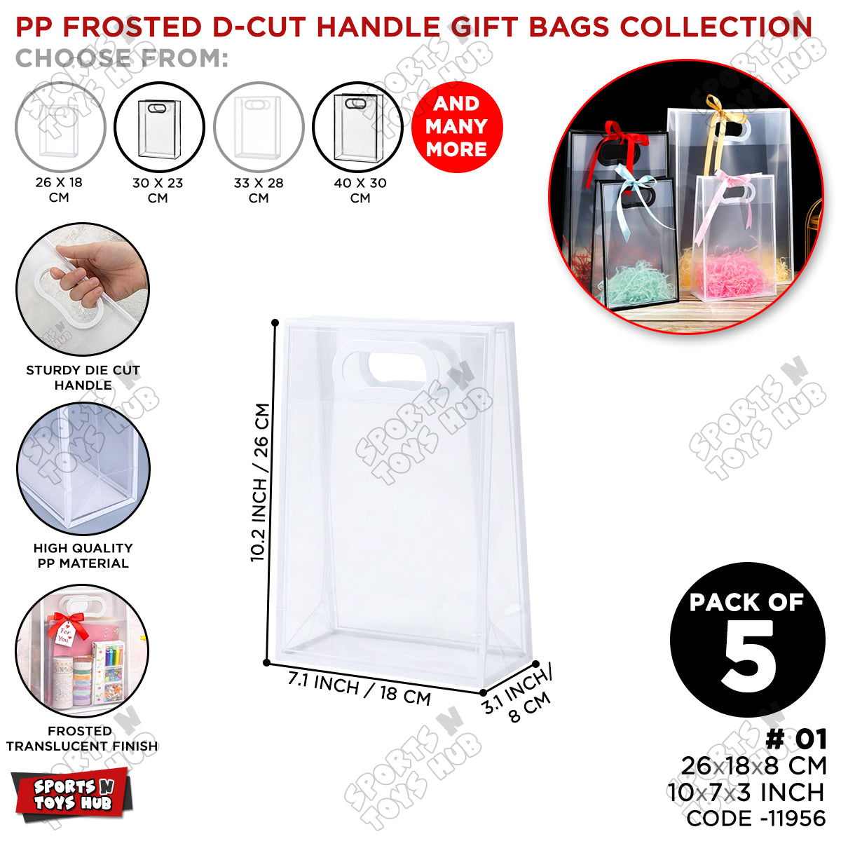 26 × 18 × 8 CM / 01 PP Frosted D-Cut Handle Gift Bags – Clear Translucent Shopping & Packaging Bags for Gifts, Retail, Boutique, Party Favors, Flower Bouquets & Gift Wrapping