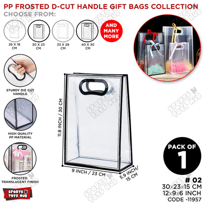 30 × 23 × 15 CM / 02 PP Frosted D-Cut Handle Gift Bags – Translucent Clear Shopping Bags, Reusable Gift & Packaging Bags for Retail, Boutique, Flower Bouquets, Party Favors & Gift Wrapping