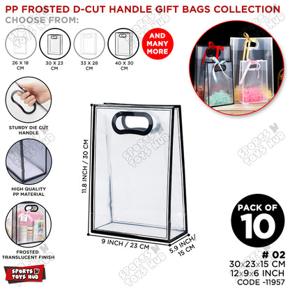 30 × 23 × 15 CM / 02 PP Frosted D-Cut Handle Gift Bags – Translucent Clear Shopping Bags, Reusable Gift & Packaging Bags for Retail, Boutique, Flower Bouquets, Party Favors & Gift Wrapping