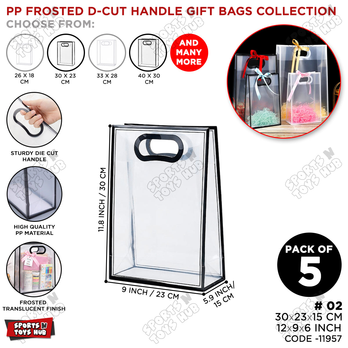 30 × 23 × 15 CM / 02 PP Frosted D-Cut Handle Gift Bags – Translucent Clear Shopping Bags, Reusable Gift & Packaging Bags for Retail, Boutique, Flower Bouquets, Party Favors & Gift Wrapping