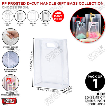 30 × 23 × 15 CM / 02 PP Frosted D-Cut Handle Gift Bags – Translucent Clear Shopping Bags, Reusable Gift & Packaging Bags for Retail, Boutique, Flower Bouquets, Party Favors & Gift Wrapping