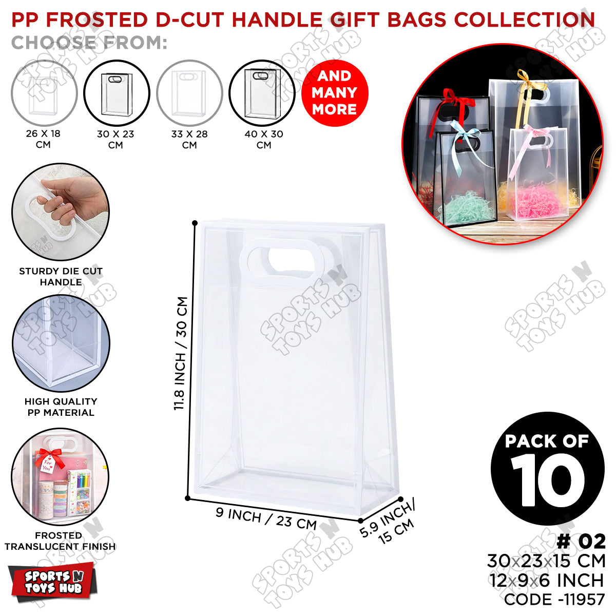 30 × 23 × 15 CM / 02 PP Frosted D-Cut Handle Gift Bags – Translucent Clear Shopping Bags, Reusable Gift & Packaging Bags for Retail, Boutique, Flower Bouquets, Party Favors & Gift Wrapping