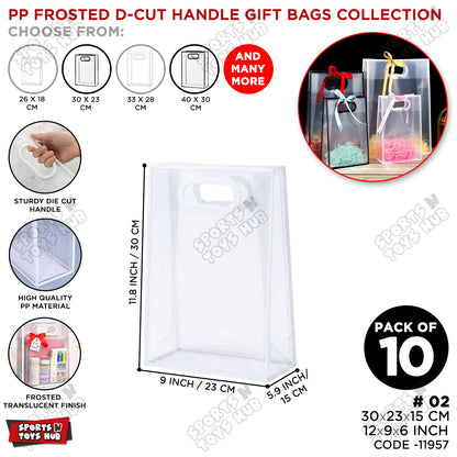 30 × 23 × 15 CM / 02 PP Frosted D-Cut Handle Gift Bags – Translucent Clear Shopping Bags, Reusable Gift & Packaging Bags for Retail, Boutique, Flower Bouquets, Party Favors & Gift Wrapping