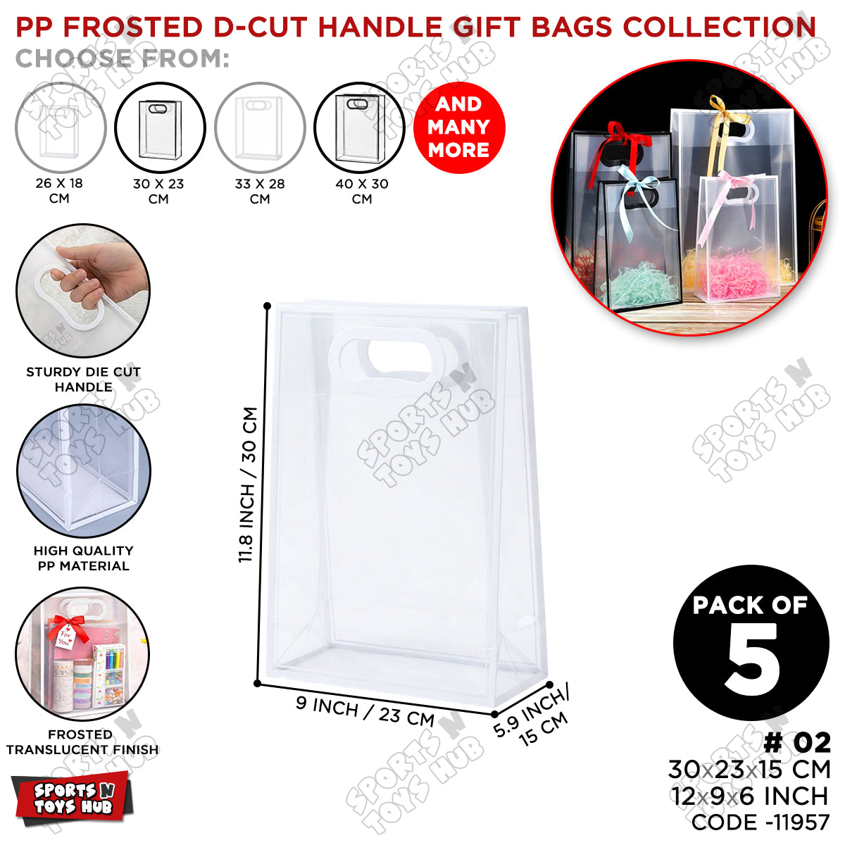 30 × 23 × 15 CM / 02 PP Frosted D-Cut Handle Gift Bags – Translucent Clear Shopping Bags, Reusable Gift & Packaging Bags for Retail, Boutique, Flower Bouquets, Party Favors & Gift Wrapping