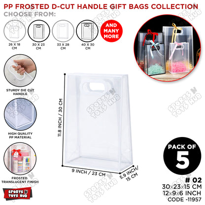 30 × 23 × 15 CM / 02 PP Frosted D-Cut Handle Gift Bags – Translucent Clear Shopping Bags, Reusable Gift & Packaging Bags for Retail, Boutique, Flower Bouquets, Party Favors & Gift Wrapping