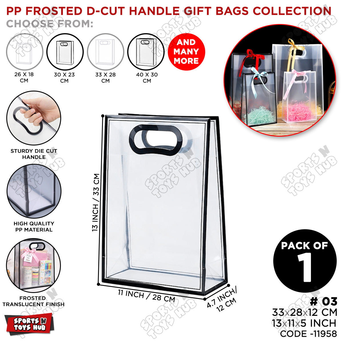 33 × 28 × 12 CM / 03 PP Frosted D-Cut Handle Gift Bags – Translucent Clear Shopping & Packaging Bags, Reusable Gift Bags for Retail, Boutique, Flower Bouquets, Party Favors & Gift Wrapping