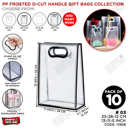 33 × 28 × 12 CM / 03 PP Frosted D-Cut Handle Gift Bags – Translucent Clear Shopping & Packaging Bags, Reusable Gift Bags for Retail, Boutique, Flower Bouquets, Party Favors & Gift Wrapping