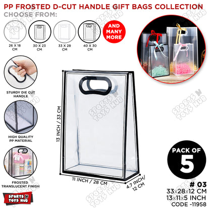 33 × 28 × 12 CM / 03 PP Frosted D-Cut Handle Gift Bags – Translucent Clear Shopping & Packaging Bags, Reusable Gift Bags for Retail, Boutique, Flower Bouquets, Party Favors & Gift Wrapping