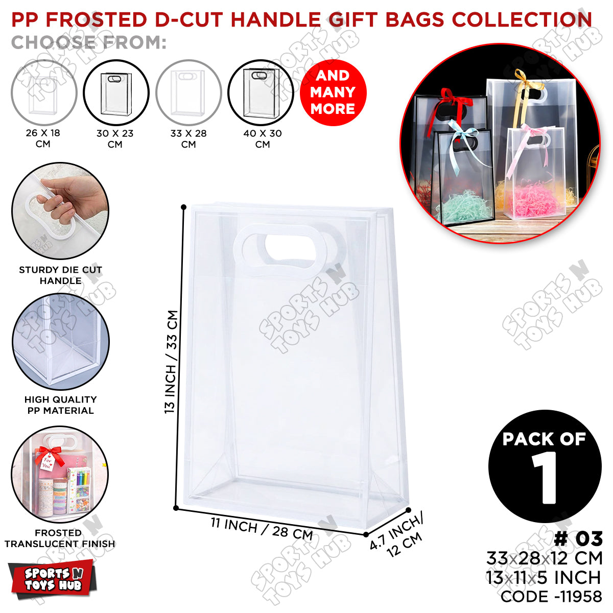 33 × 28 × 12 CM / 03 PP Frosted D-Cut Handle Gift Bags – Translucent Clear Shopping & Packaging Bags, Reusable Gift Bags for Retail, Boutique, Flower Bouquets, Party Favors & Gift Wrapping