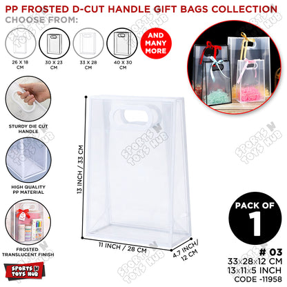 33 × 28 × 12 CM / 03 PP Frosted D-Cut Handle Gift Bags – Translucent Clear Shopping & Packaging Bags, Reusable Gift Bags for Retail, Boutique, Flower Bouquets, Party Favors & Gift Wrapping