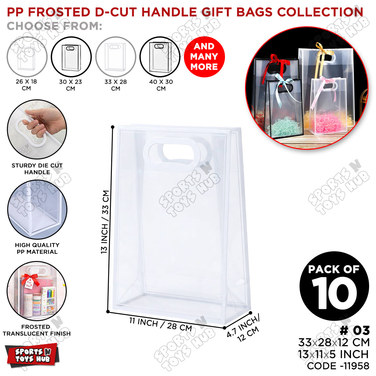 33 × 28 × 12 CM / 03 PP Frosted D-Cut Handle Gift Bags – Translucent Clear Shopping & Packaging Bags, Reusable Gift Bags for Retail, Boutique, Flower Bouquets, Party Favors & Gift Wrapping
