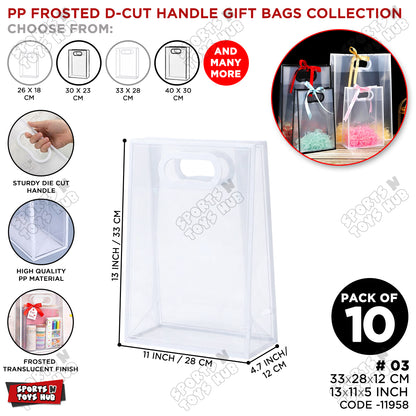 33 × 28 × 12 CM / 03 PP Frosted D-Cut Handle Gift Bags – Translucent Clear Shopping & Packaging Bags, Reusable Gift Bags for Retail, Boutique, Flower Bouquets, Party Favors & Gift Wrapping
