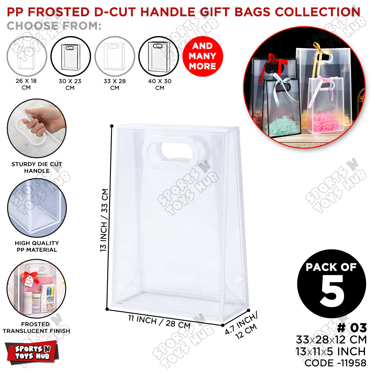 33 × 28 × 12 CM / 03 PP Frosted D-Cut Handle Gift Bags – Translucent Clear Shopping & Packaging Bags, Reusable Gift Bags for Retail, Boutique, Flower Bouquets, Party Favors & Gift Wrapping