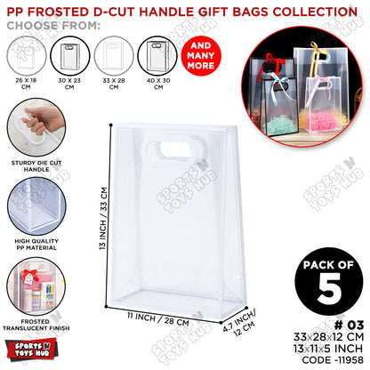 33 × 28 × 12 CM / 03 PP Frosted D-Cut Handle Gift Bags – Translucent Clear Shopping & Packaging Bags, Reusable Gift Bags for Retail, Boutique, Flower Bouquets, Party Favors & Gift Wrapping