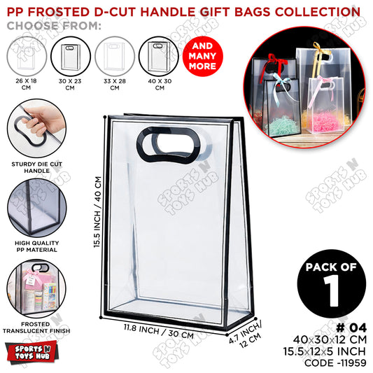 40 × 30 × 12 CM / 04 Frosted PP D-Cut Handle Gift Bags – Translucent Reusable Shopping & Packaging Bags for Gifts, Retail, Boutique, Flower Bouquets, Party Favors & Gift Wrapping