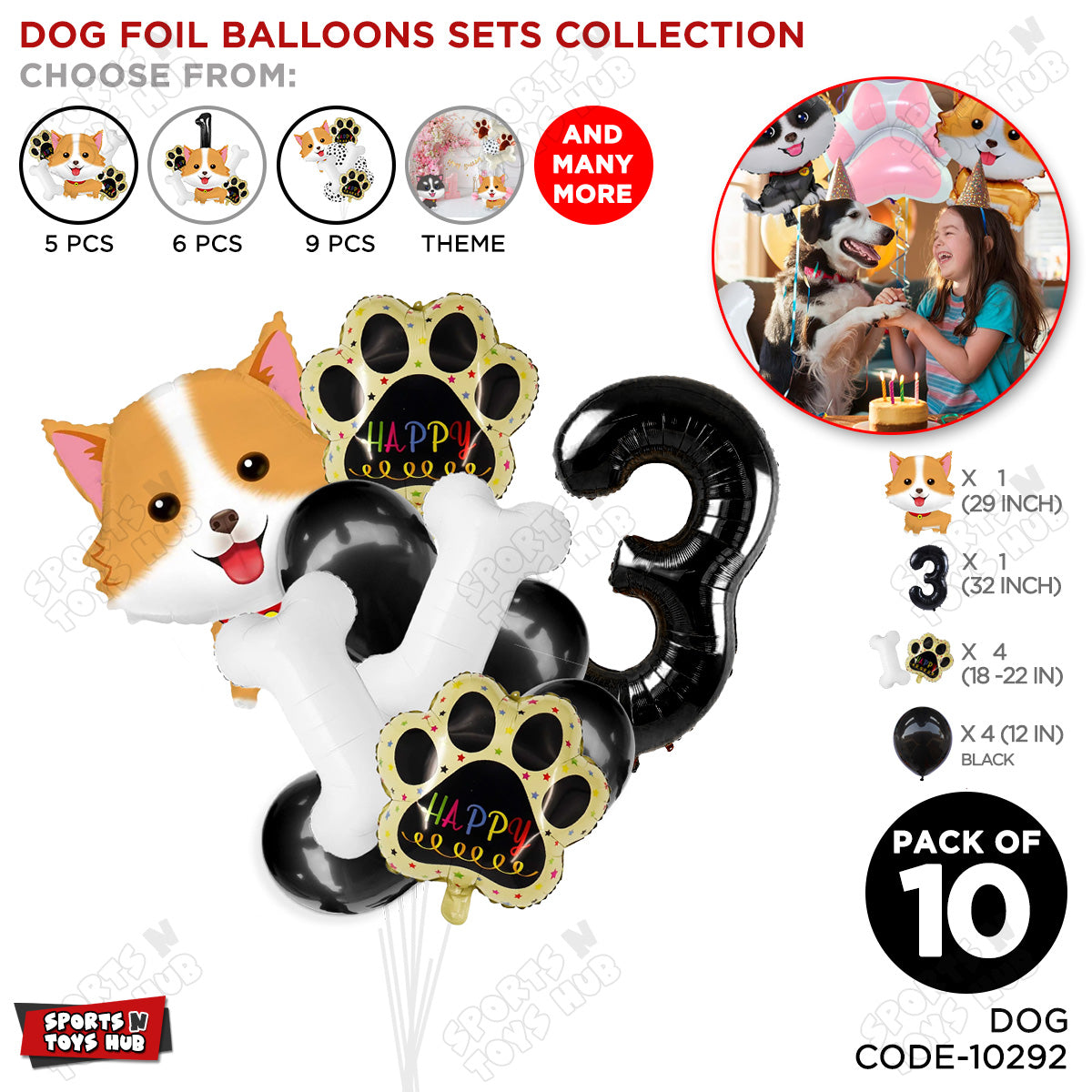 Puppy Dog Theme Foil Balloon Decoration Set Pack of 10 with 32 Inch Number Foil Balloon – Birthday Party Decorations for Boys, Girls & Baby Shower