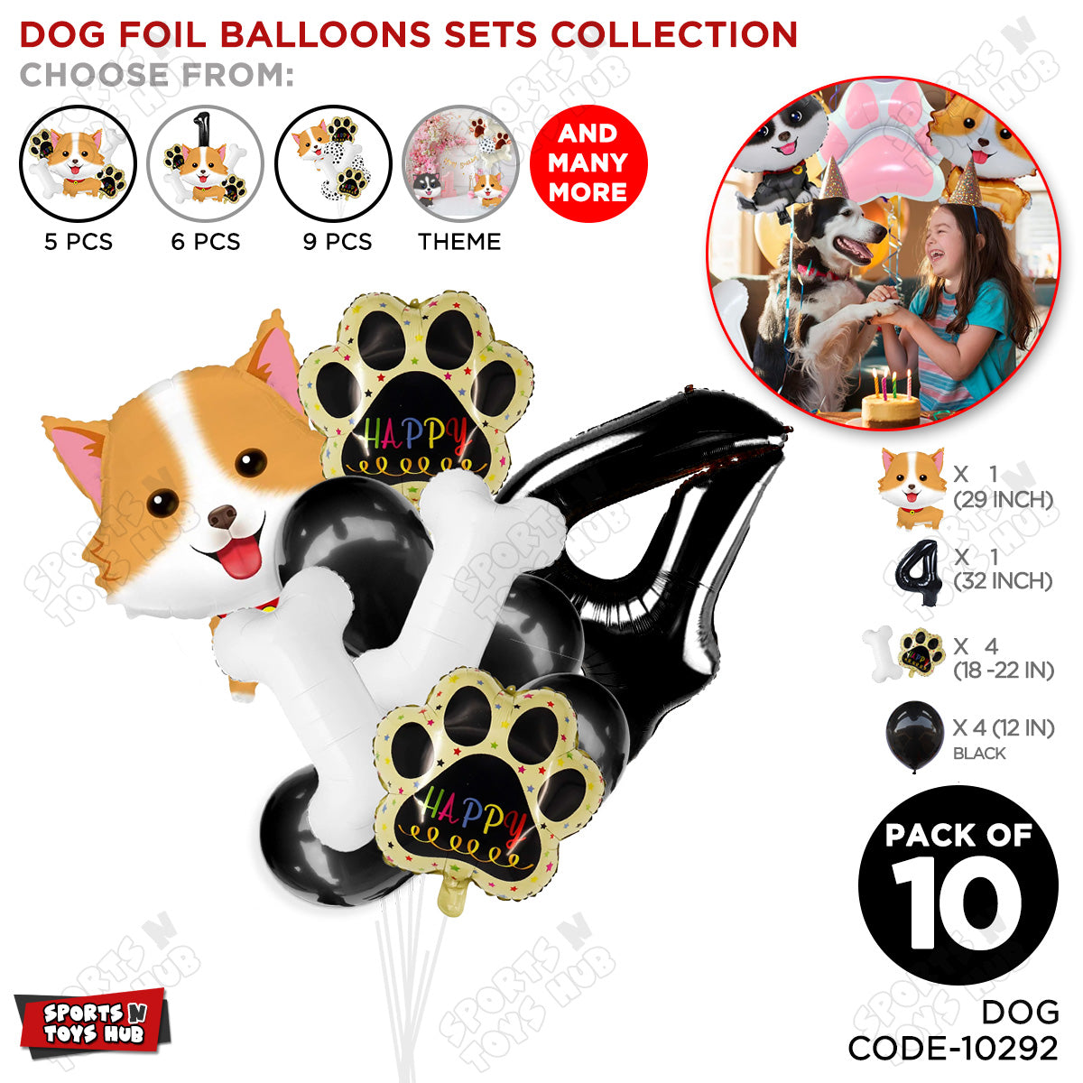 Puppy Dog Theme Foil Balloon Decoration Set Pack of 10 with 32 Inch Number Foil Balloon – Birthday Party Decorations for Boys, Girls & Baby Shower