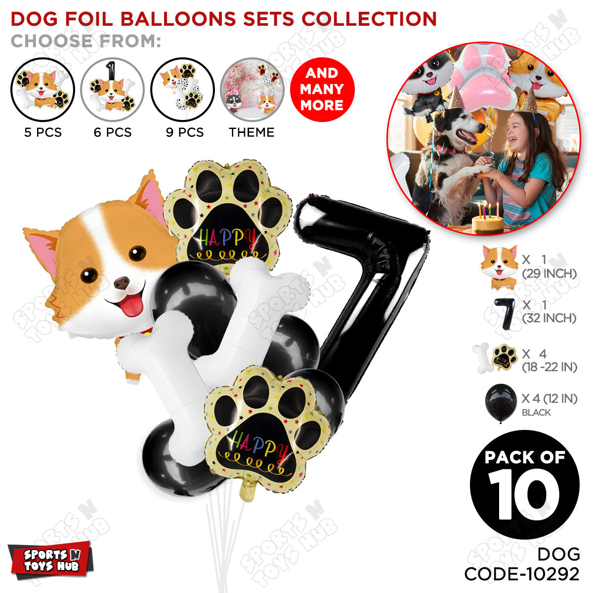 Puppy Dog Theme Foil Balloon Decoration Set Pack of 10 with 32 Inch Number Foil Balloon – Birthday Party Decorations for Boys, Girls & Baby Shower