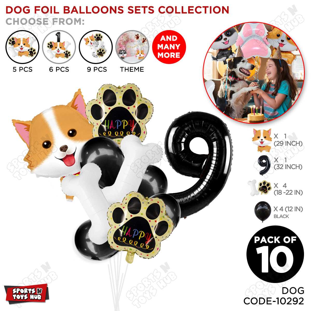 Puppy Dog Theme Foil Balloon Decoration Set Pack of 10 with 32 Inch Number Foil Balloon – Birthday Party Decorations for Boys, Girls & Baby Shower