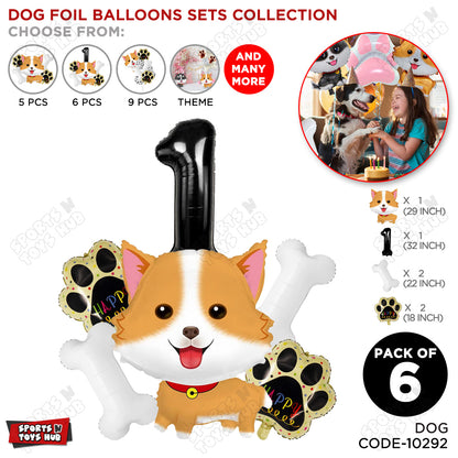 Dog Theme Party Foil Balloon Decoration Set Pack of 6 with 32 Inch Number Foil Balloon – Puppy Birthday Party Balloons for Boys & Girls