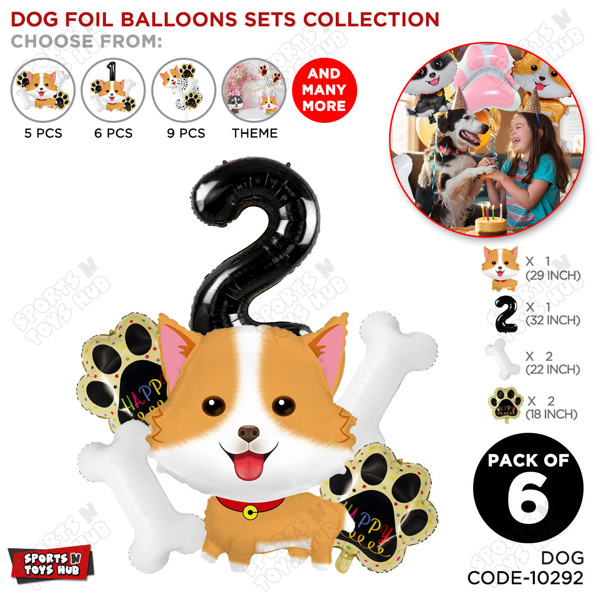 Dog Theme Party Foil Balloon Decoration Set Pack of 6 with 32 Inch Number Foil Balloon – Puppy Birthday Party Balloons for Boys & Girls