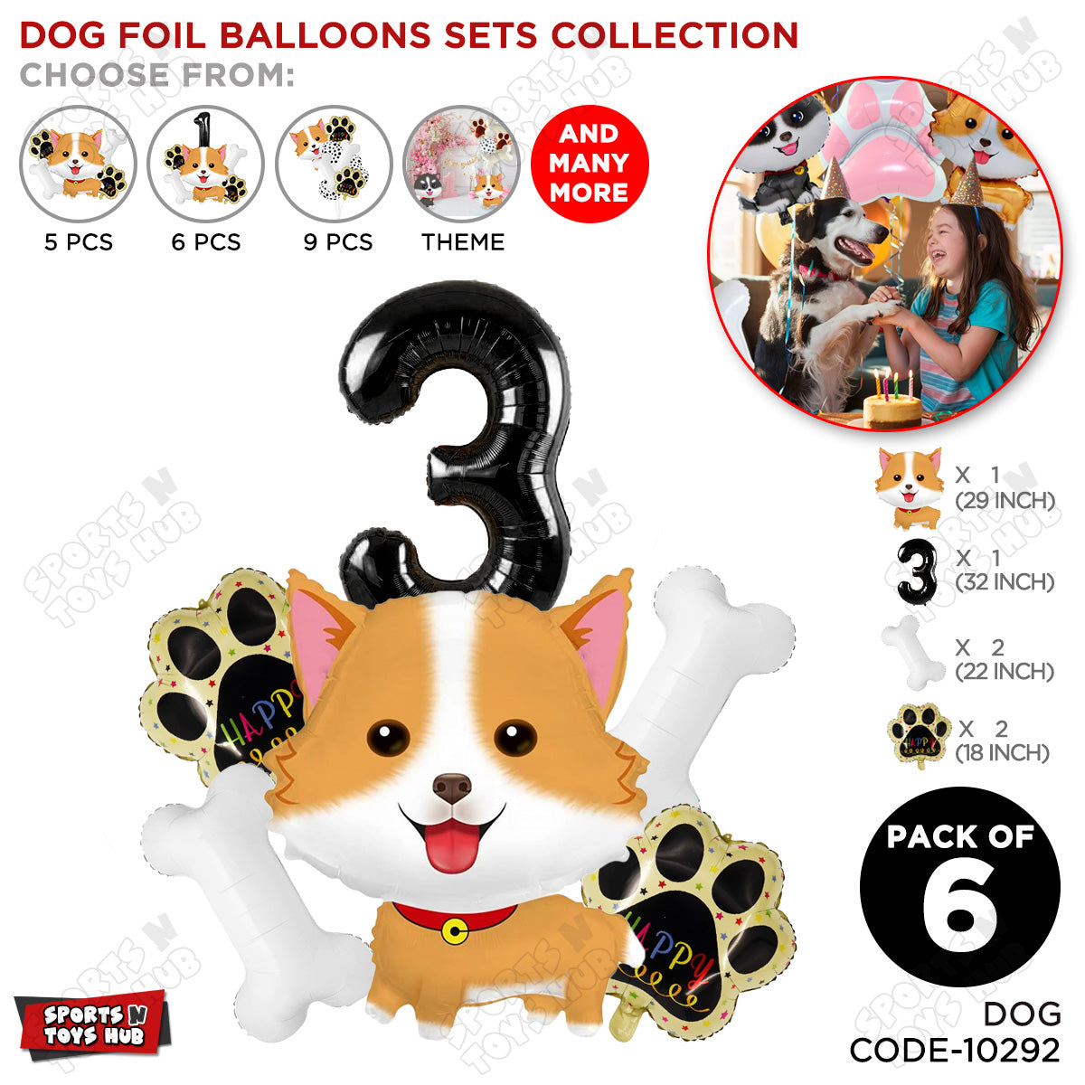 Dog Theme Party Foil Balloon Decoration Set Pack of 6 with 32 Inch Number Foil Balloon – Puppy Birthday Party Balloons for Boys & Girls