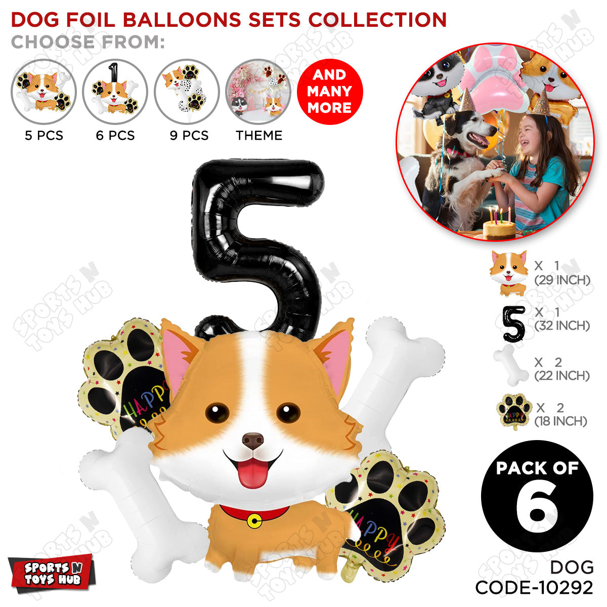 Dog Theme Party Foil Balloon Decoration Set Pack of 6 with 32 Inch Number Foil Balloon – Puppy Birthday Party Balloons for Boys & Girls