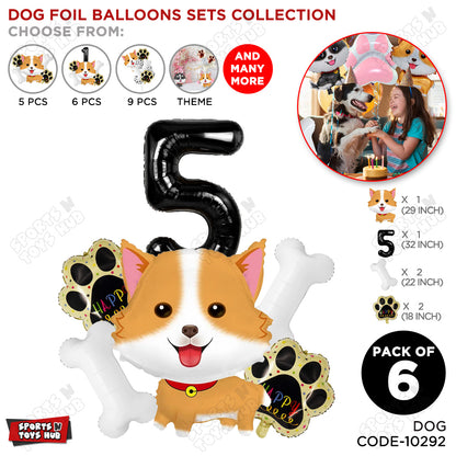 Dog Theme Party Foil Balloon Decoration Set Pack of 6 with 32 Inch Number Foil Balloon – Puppy Birthday Party Balloons for Boys & Girls
