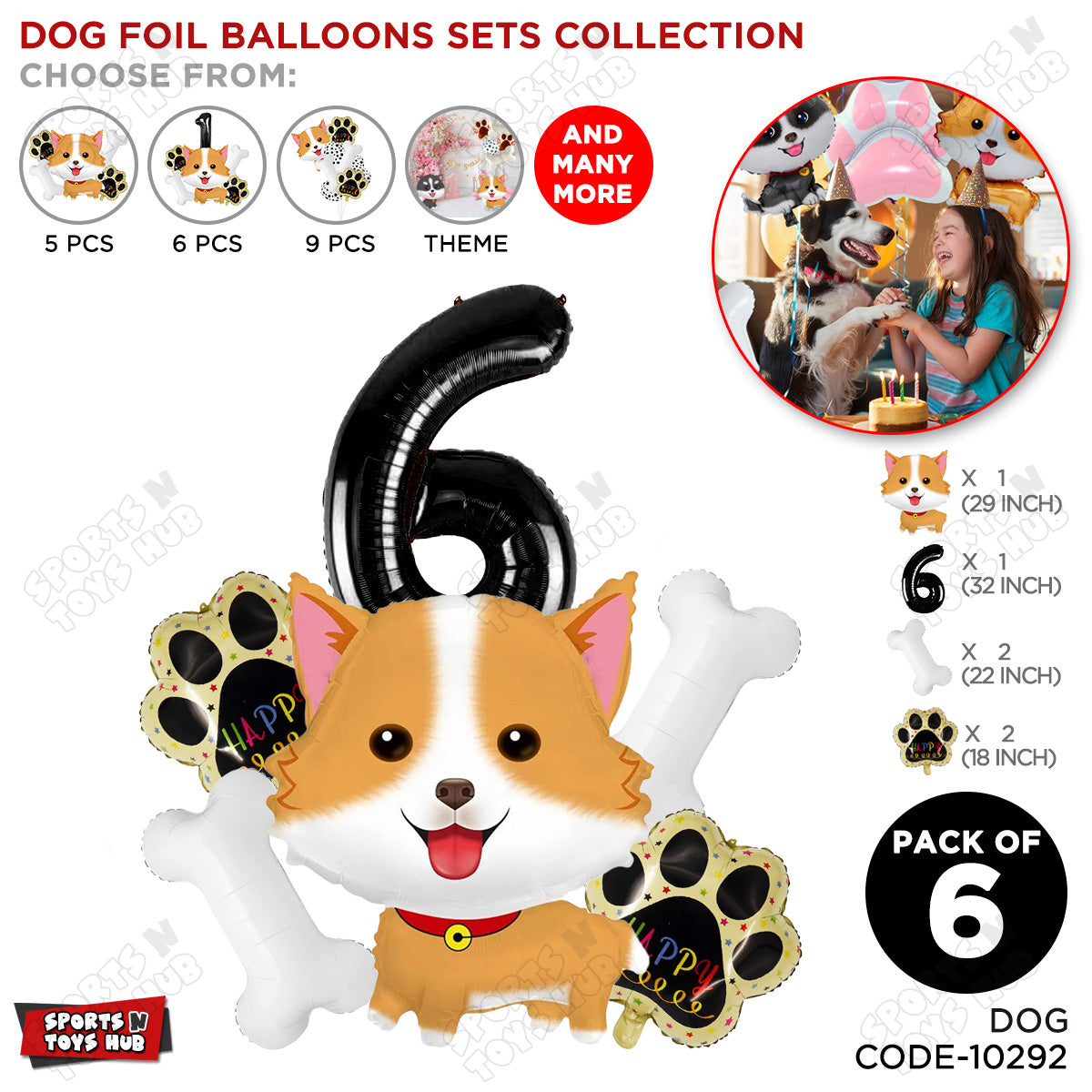 Dog Theme Party Foil Balloon Decoration Set Pack of 6 with 32 Inch Number Foil Balloon – Puppy Birthday Party Balloons for Boys & Girls