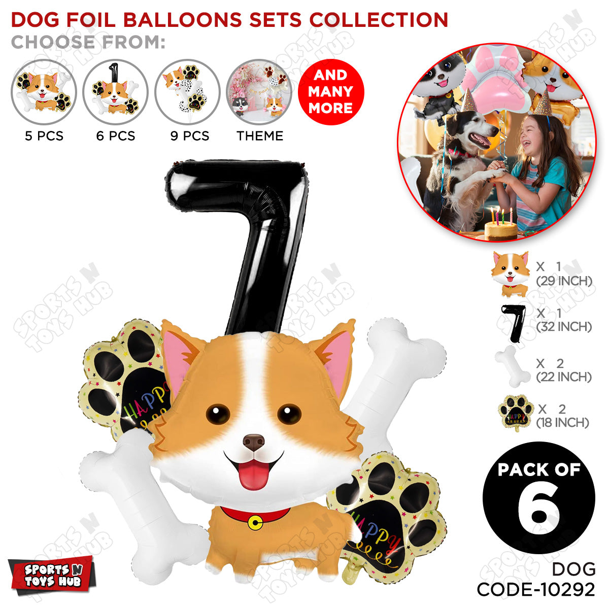 Dog Theme Party Foil Balloon Decoration Set Pack of 6 with 32 Inch Number Foil Balloon – Puppy Birthday Party Balloons for Boys & Girls