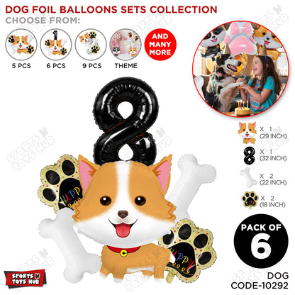 Dog Theme Party Foil Balloon Decoration Set Pack of 6 with 32 Inch Number Foil Balloon – Puppy Birthday Party Balloons for Boys & Girls