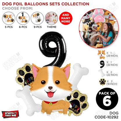 Dog Theme Party Foil Balloon Decoration Set Pack of 6 with 32 Inch Number Foil Balloon – Puppy Birthday Party Balloons for Boys & Girls