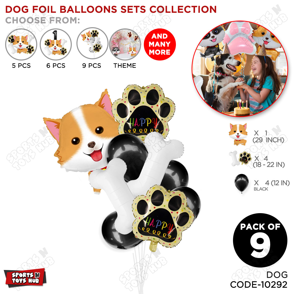 Dog Puppy Cartoon Character Foil Balloons Set Pack of 9 – Cute Puppy Theme Birthday Party Balloons for Kids, Boys & Girls