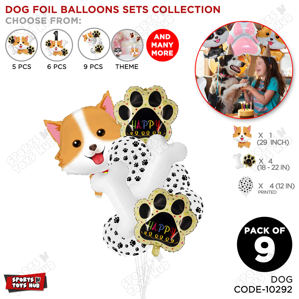 Cute Dog Puppy Cartoon Foil Balloon Set Pack of 9 – Printed Paw & Puppy Character Birthday Balloons for Boys, Girls & Kids Celebration