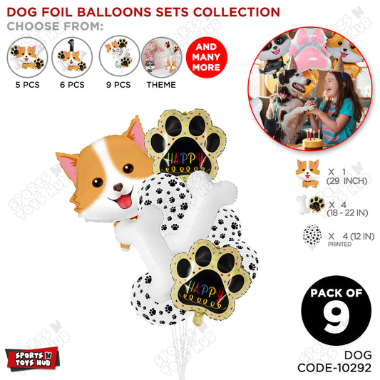 Cute Dog Puppy Cartoon Foil Balloon Set Pack of 9 – Printed Paw & Puppy Character Birthday Balloons for Boys, Girls & Kids Celebration